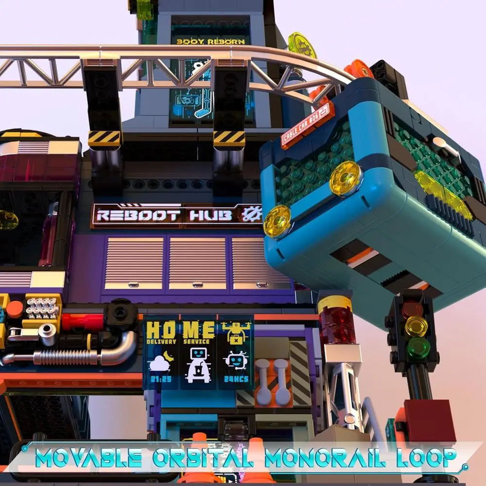 Paisaje urbano futurista Cyberpunk con kit de construcción de garaje de reparación y coche deportivo LED de 2098 piezas para adultos y adolescentes