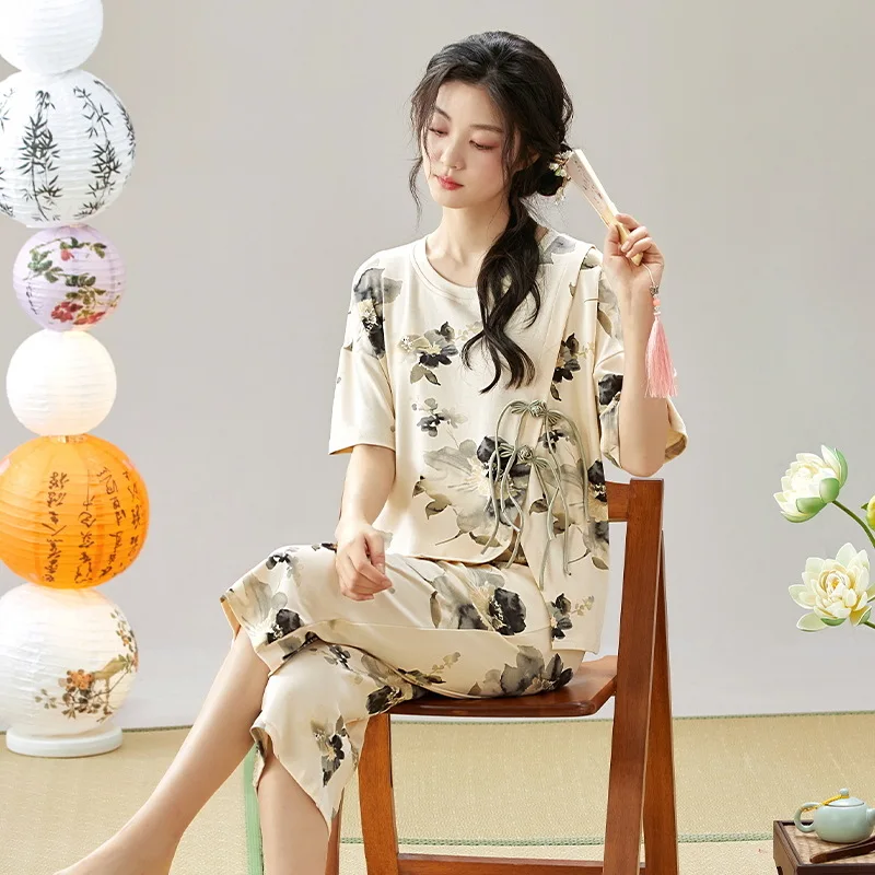 Women Pajamas Set Summer Cotton Sleepwear for Girl Leisure Round neck Lady Pijama Retro Chinese Style Casual Home Wear Pajamas