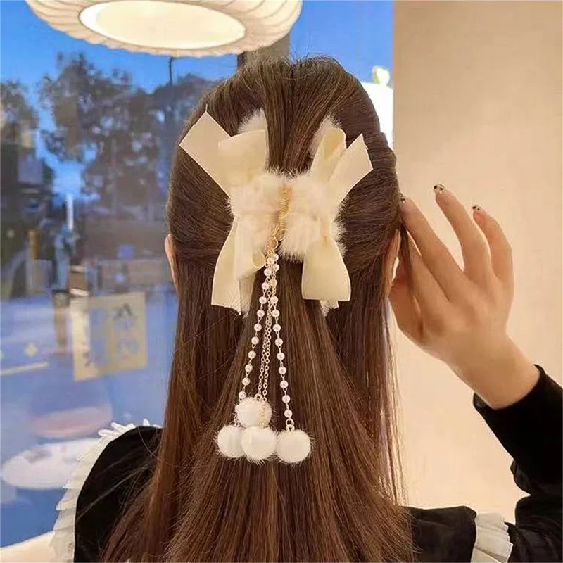 New Fashion Women Soft Plush Bow Pearl Tassel Hair Claw Clips Elegant Hair Clips Headwear