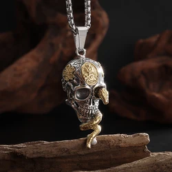 Vintage Gothic Snake Coiled Demon Skull Pendant Necklace for Men Boys Hip Hop Rock Party Jewelry Gift