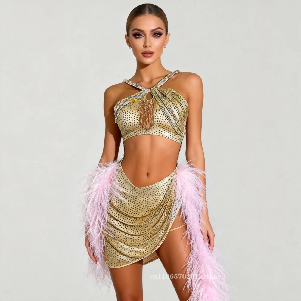 

Latin Dance Dress High-end Custom Silver Rhinestone Neck Fleece Tail Women's Adult Stage Professional Clothing Adult