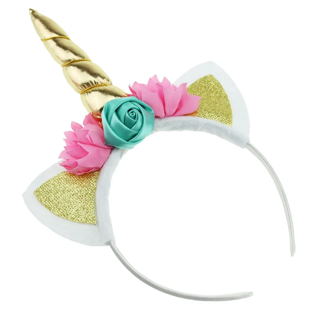 Handmade nowe dziewczyny róg jednorożca Hairband szyfon sztuczne kwiaty nakrycia głowy dla dzieci urodziny prezenty rekwizyty fotograficzne akcesoria do włosów — zdjęcie 6