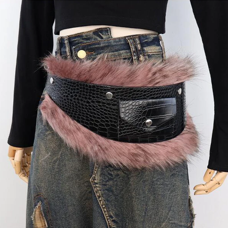 

Стильный широкий пояс Y2K, эстетический пояс на талии, пушистый мех, сексуальный пояс в стиле пастушки для маскарад, аксессуар для ночного клуба