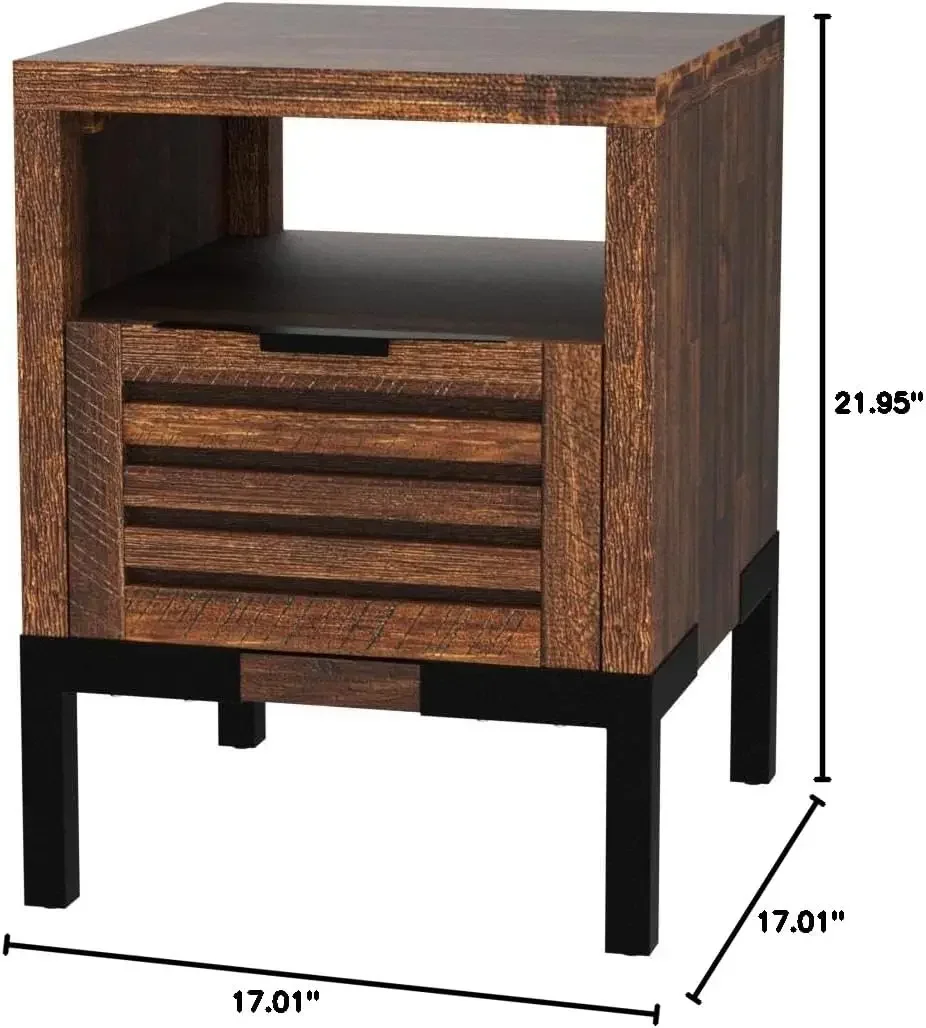 Acacia Wood Nightstand with Drawers Open Shelf Side Table for Living Room Bedroom