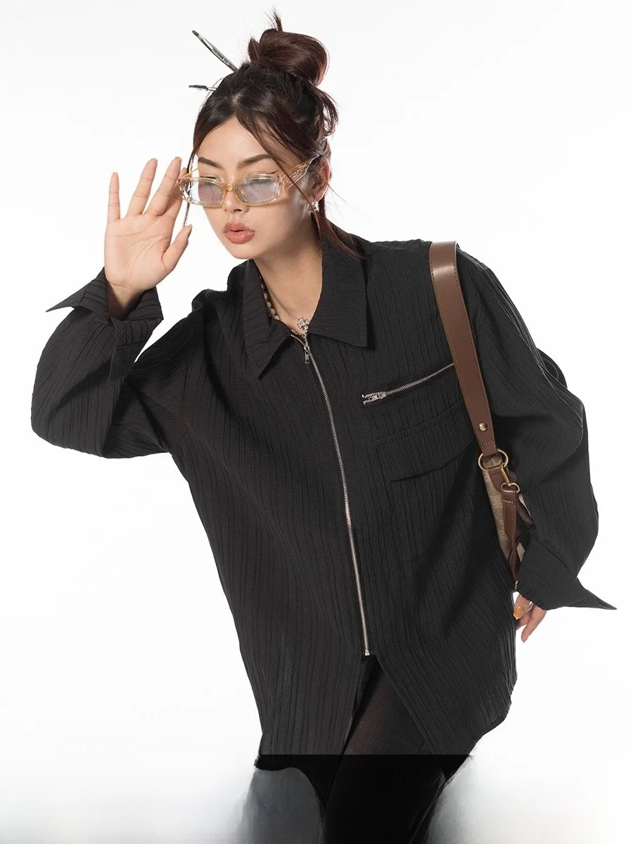 

k Design Sense Zipper Collar Pleated irt Simple High-End Striped Women's irt Blabb Street Sle Loose Fit Long Sve