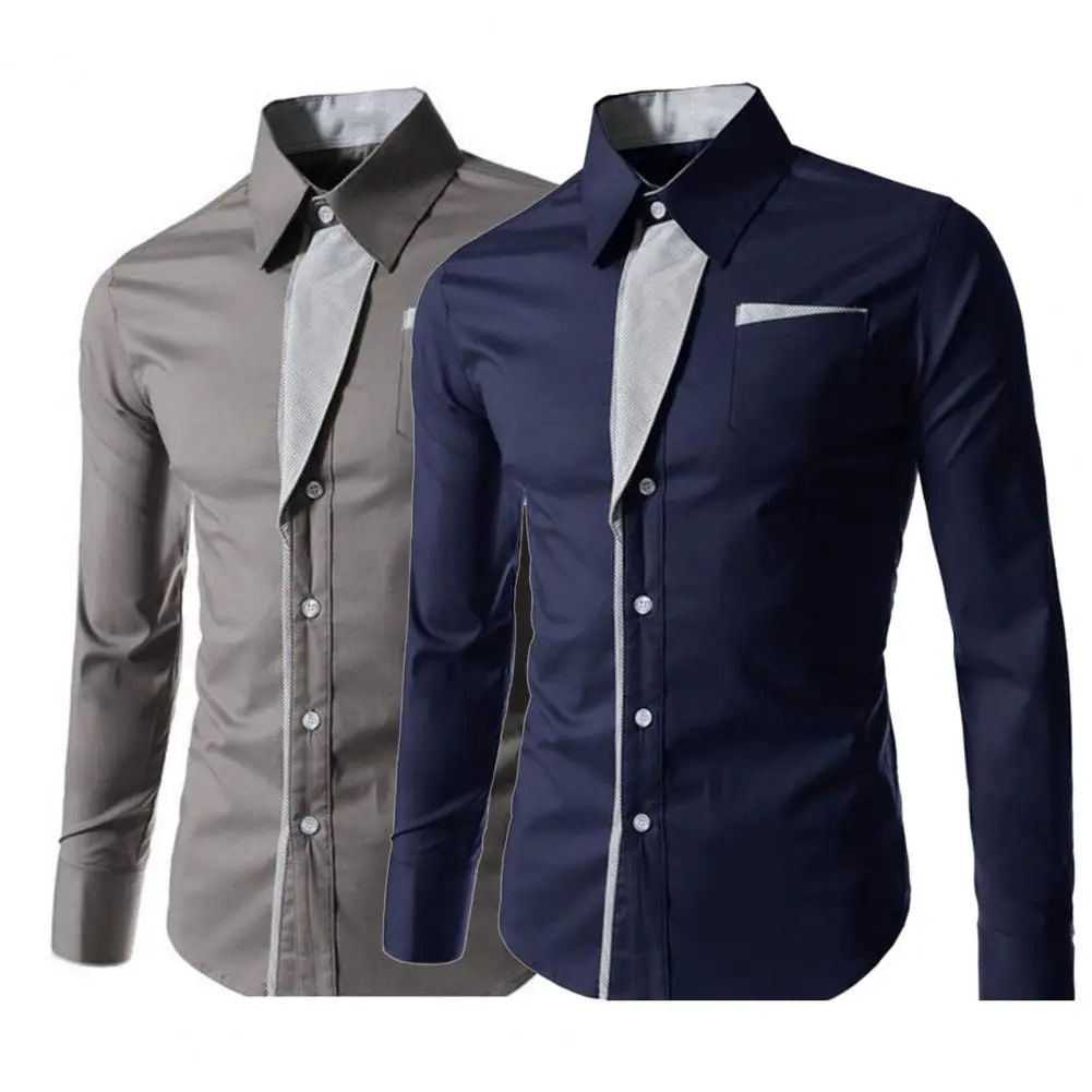 Popular Temperament Contrast Color Shirt Streetwear Men Dress Shirt Temperament Turndown Collar Top for Travel