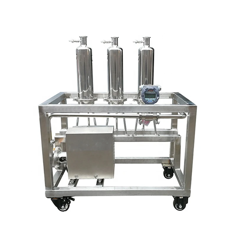 Filter Supply [3 Stages Vodka Filtration System] Stainless Steel Cartridge Vodka Filter Housing Machinery with Pump Trolley