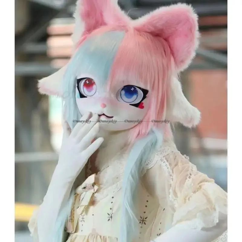ليلي 123 رؤساء الحيوان Fursuit Kigurumi فروي فتاة تأثيري دمية الأرنب القط ازياء يمكن ارتداؤها كيغ سماعات الحيوان