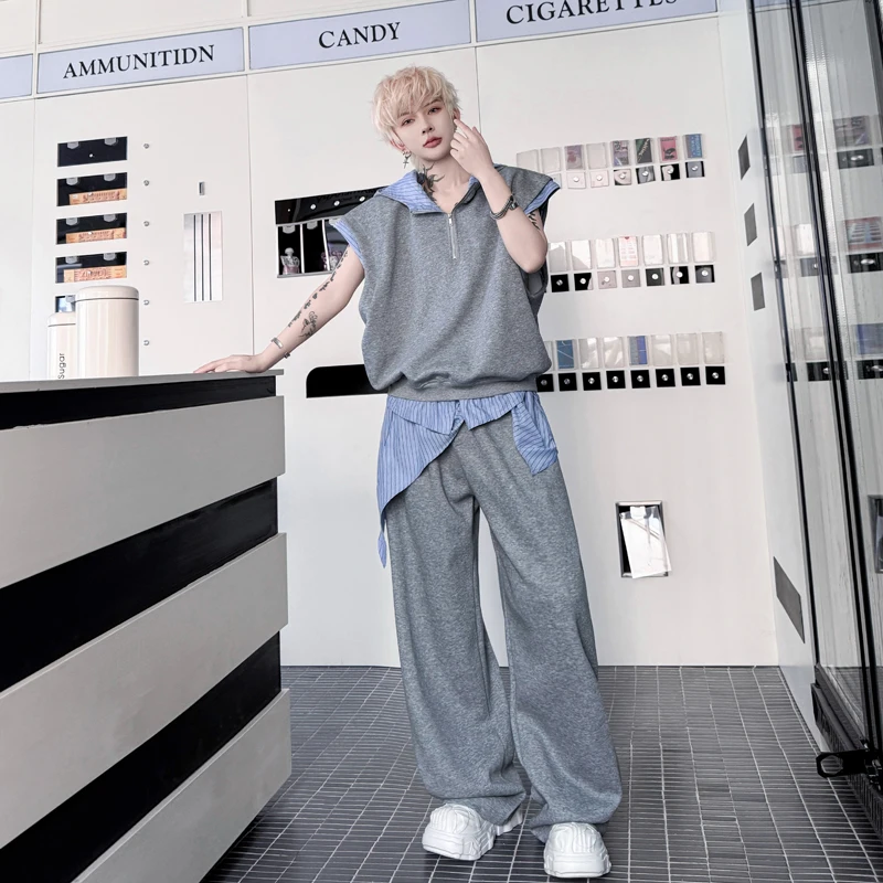 

Летний повседневный комплект из жилета и брюк, двухцветный, в стиле пэчворк, модный дизайн, для подростков, стильный комплект для мальчиков.