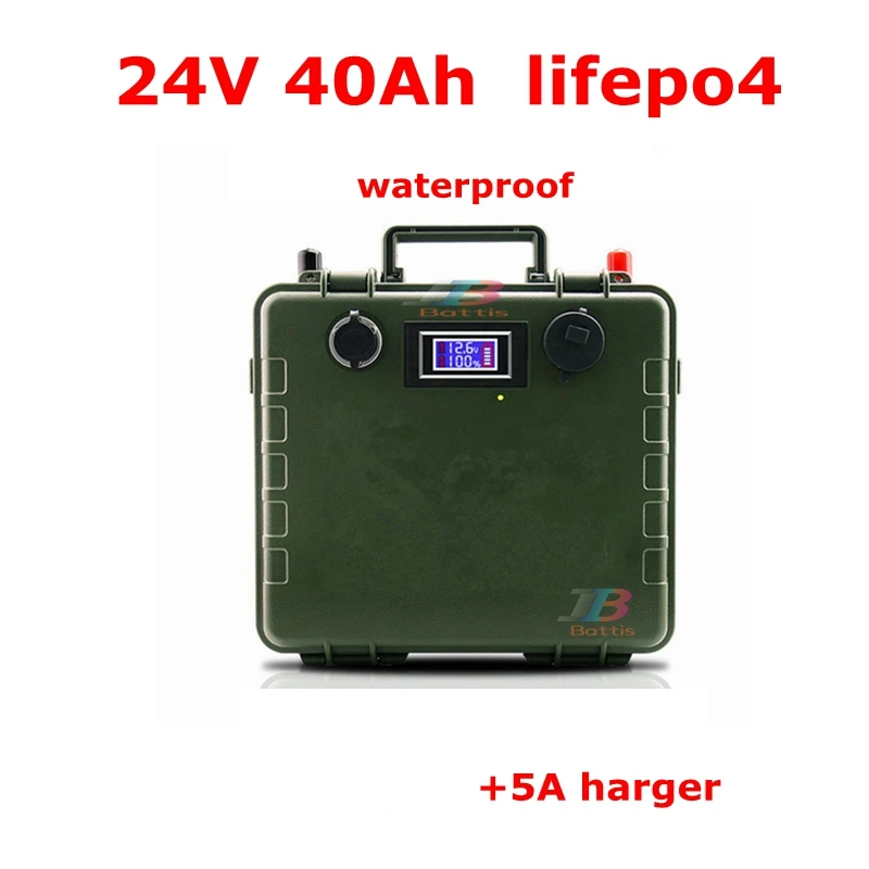 High capacity 24V 40Ah LiFePO4 lithium battery 24 battery pack power bank BMS 25.6v 1200w motor Fishing boat + 5A charger