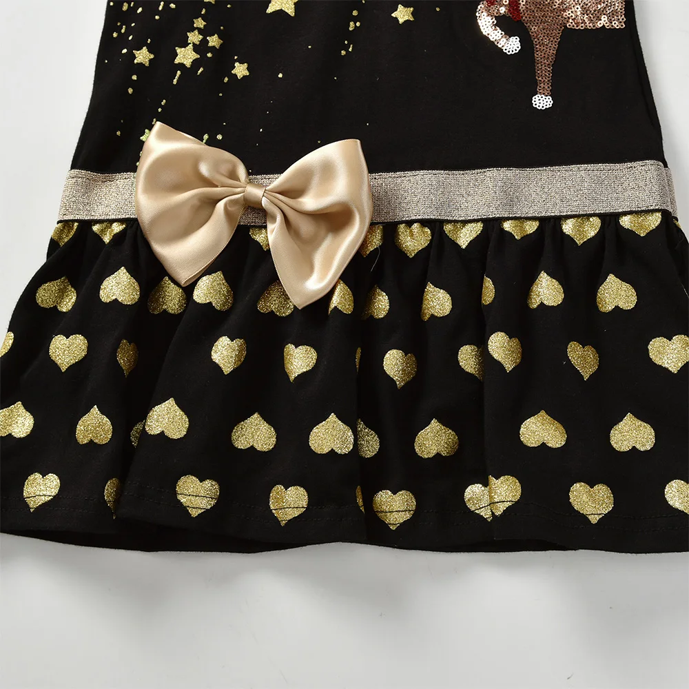 VIKITA Girls Christmas New Year Gift Dress Kids Elk Sequined Appliqued Star Heart Print Cotton Dresses with Bowknot Kids Clothes