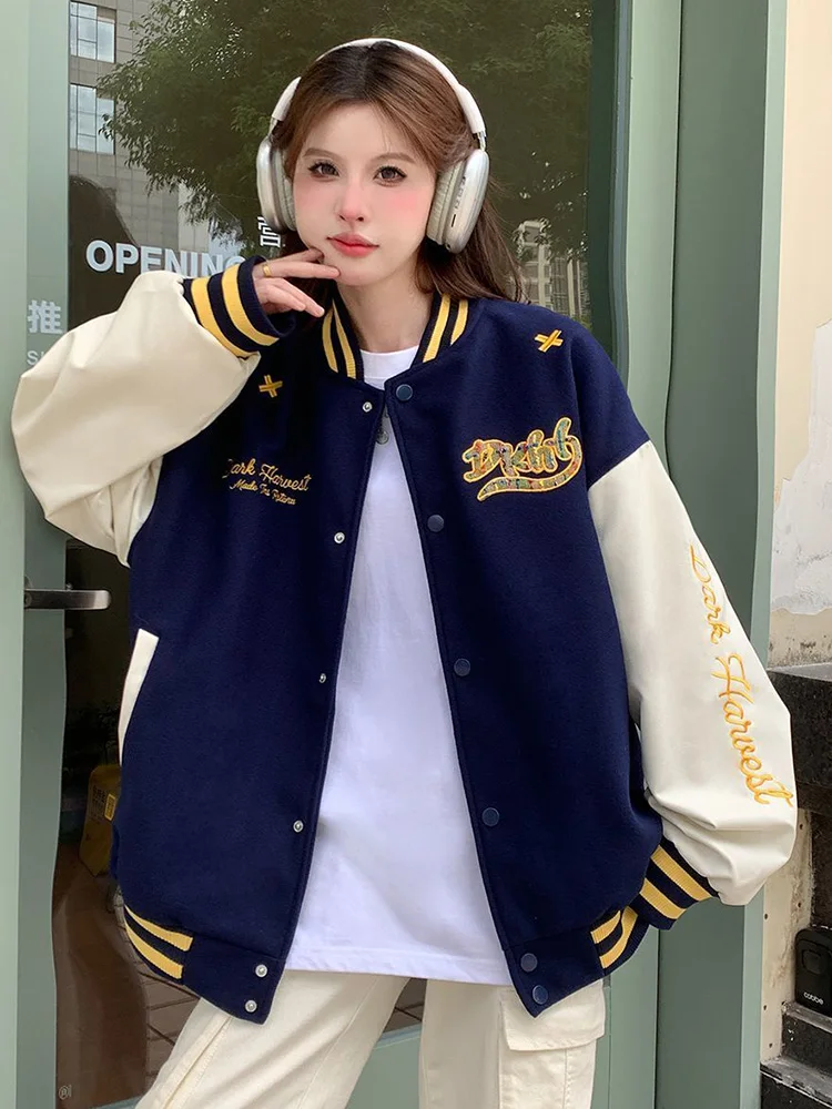 Preppy Style Letter Baseball Jacket Women Loose Vintage Embroidery Y2K Coat American Fall Winter Long Sleeve Harajuku Outwear