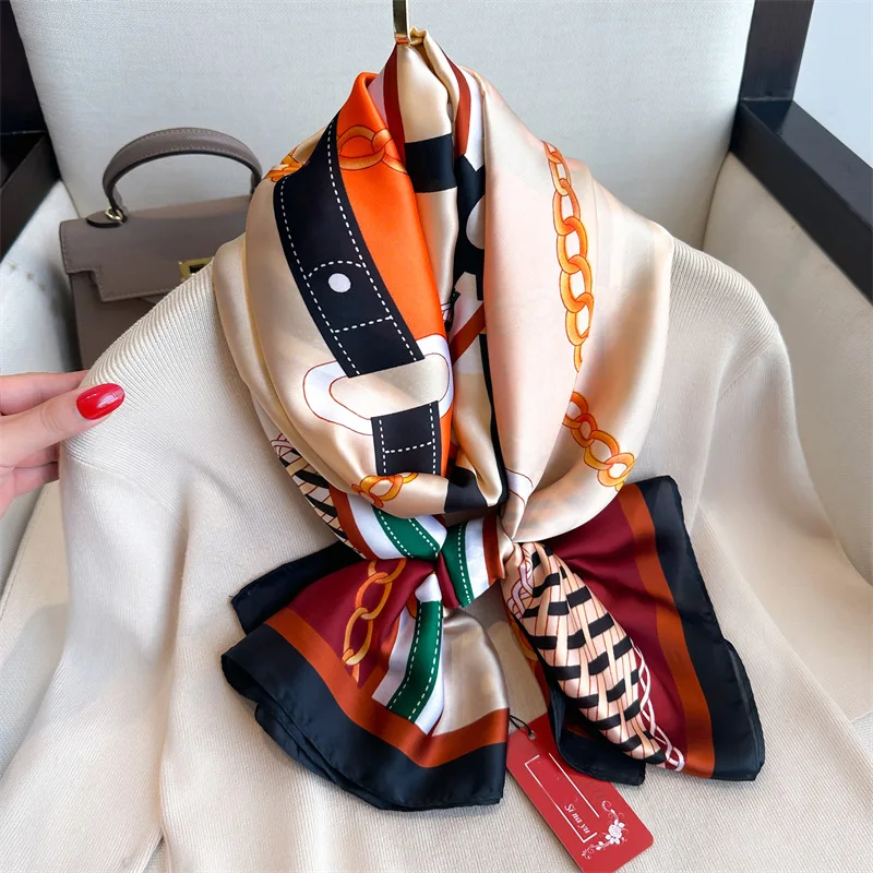 Women Luxury Chain Print Silk Scarf Large Satin Shawl Design Style Bandana Fashion Headscarf Beach Wrap Sun Protection Scarves