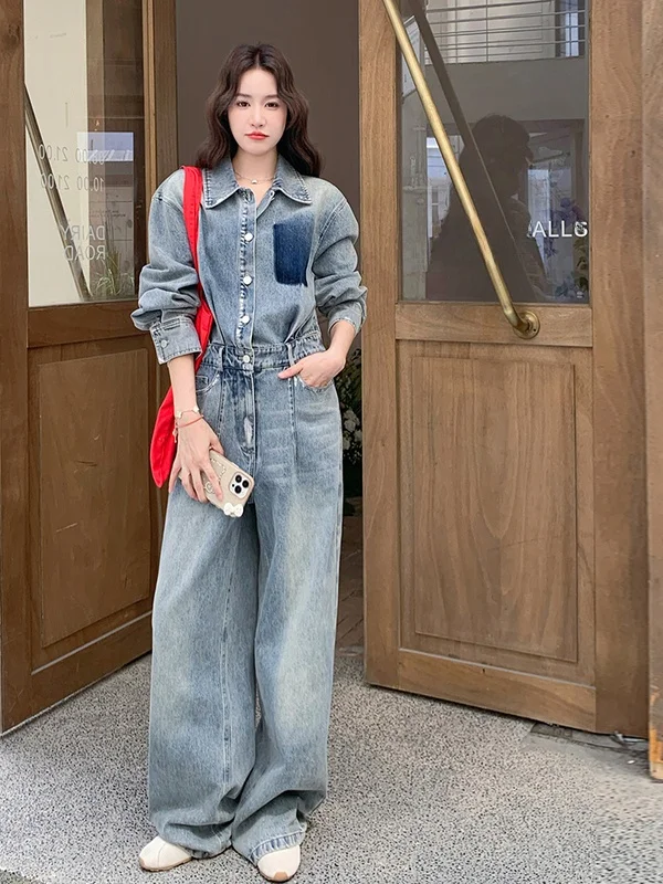

Light Blue Denim One-Piece Pants Women's Faion High Waist Slim Fit Vintage adient Overalls Autumn New Sle Casual Wear