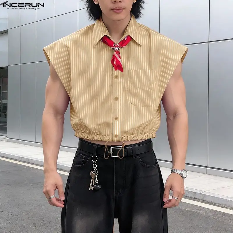 Men's Striped Loose Crop Top Shirt