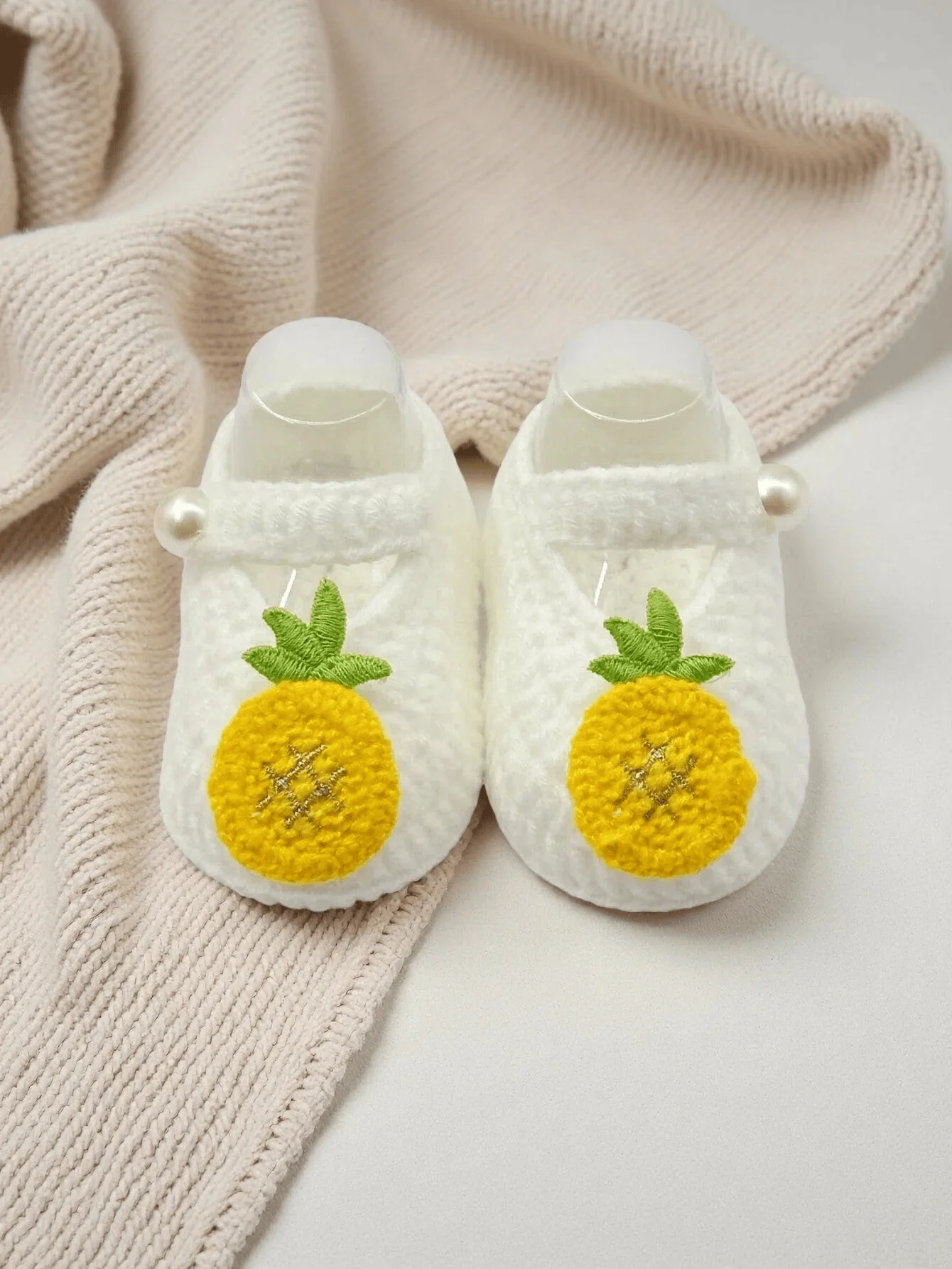 1 Pair Crochet Baby Booties With Pineapple Pattern Embellishment and Pearl Button, White, Newborn Shoes