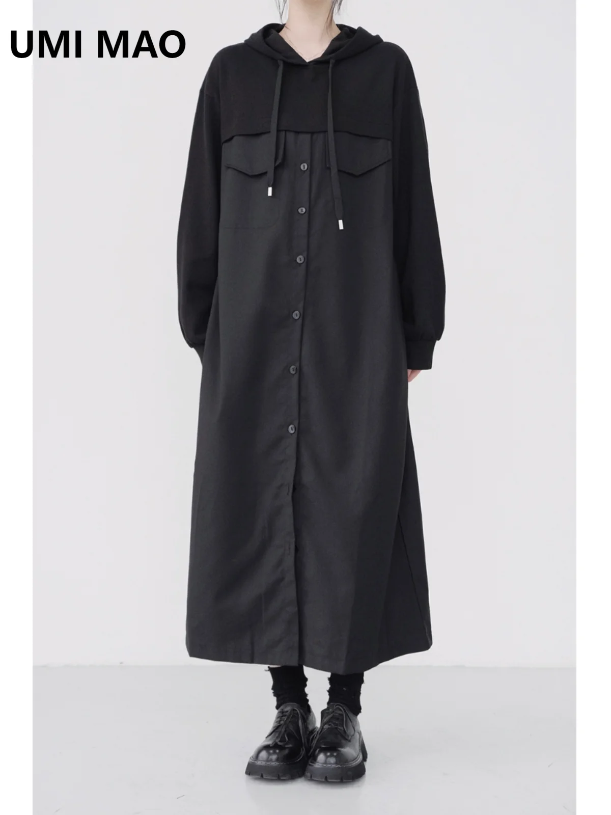 UMI MAO Yamamoto Dark Style Shirt Dress Femme  Loose Hoodie Splicing Black Straight Dress Long Dress Autumn Y2K