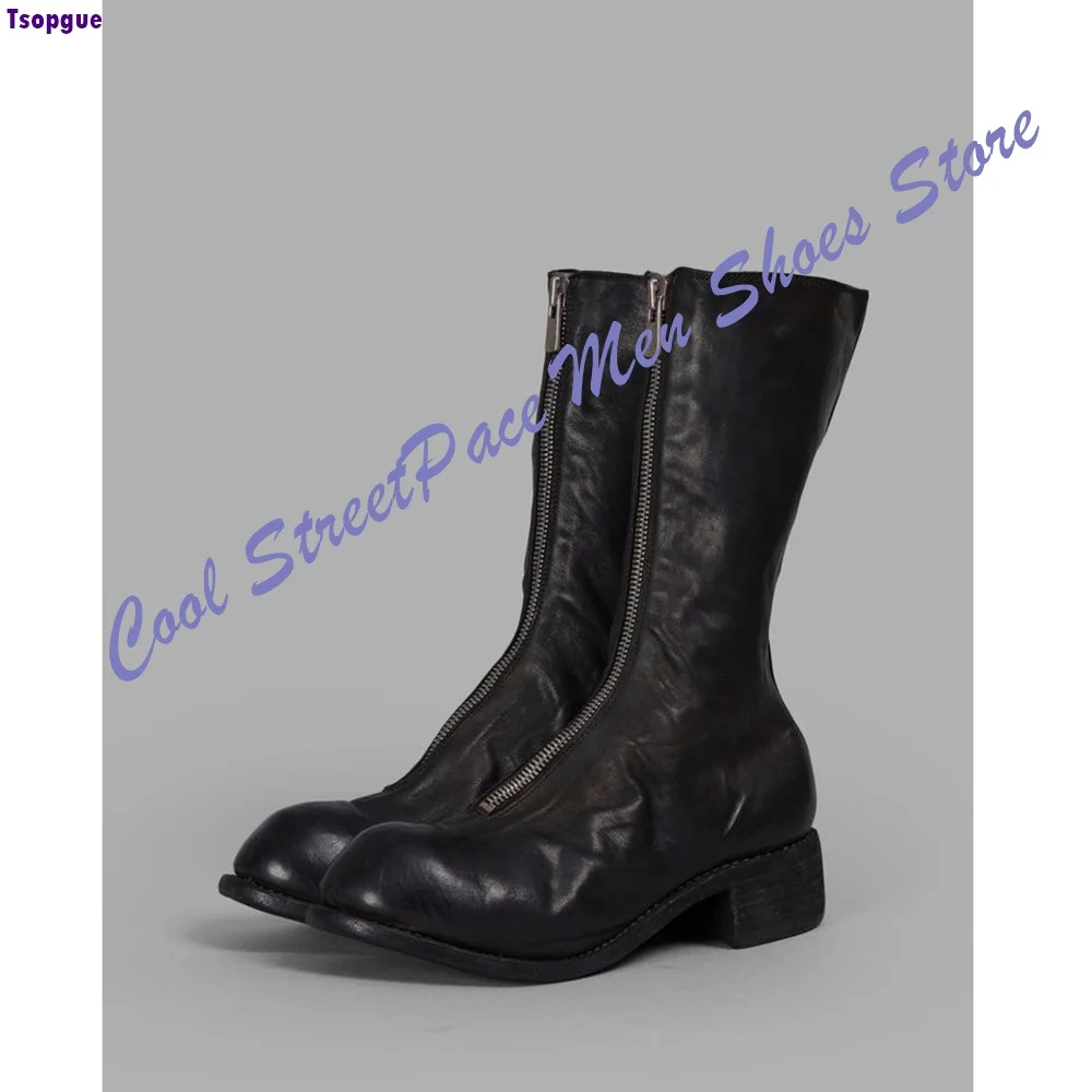 Front Full Zipper Mid Calf Boots Men Black Vintage Distressed Wrinkled Leather Block Heel Dark Industrial Streetwear Short Boot