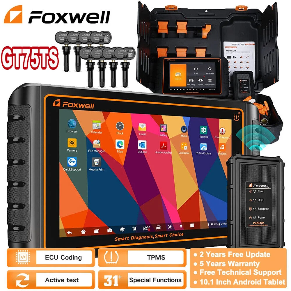 FOXWELL GT75TS Bi-directional Car OBD2 Scanner Diagnostic KEY ECU TPMS Programming Service 31 Reset Bidirectional OE-level OBDII