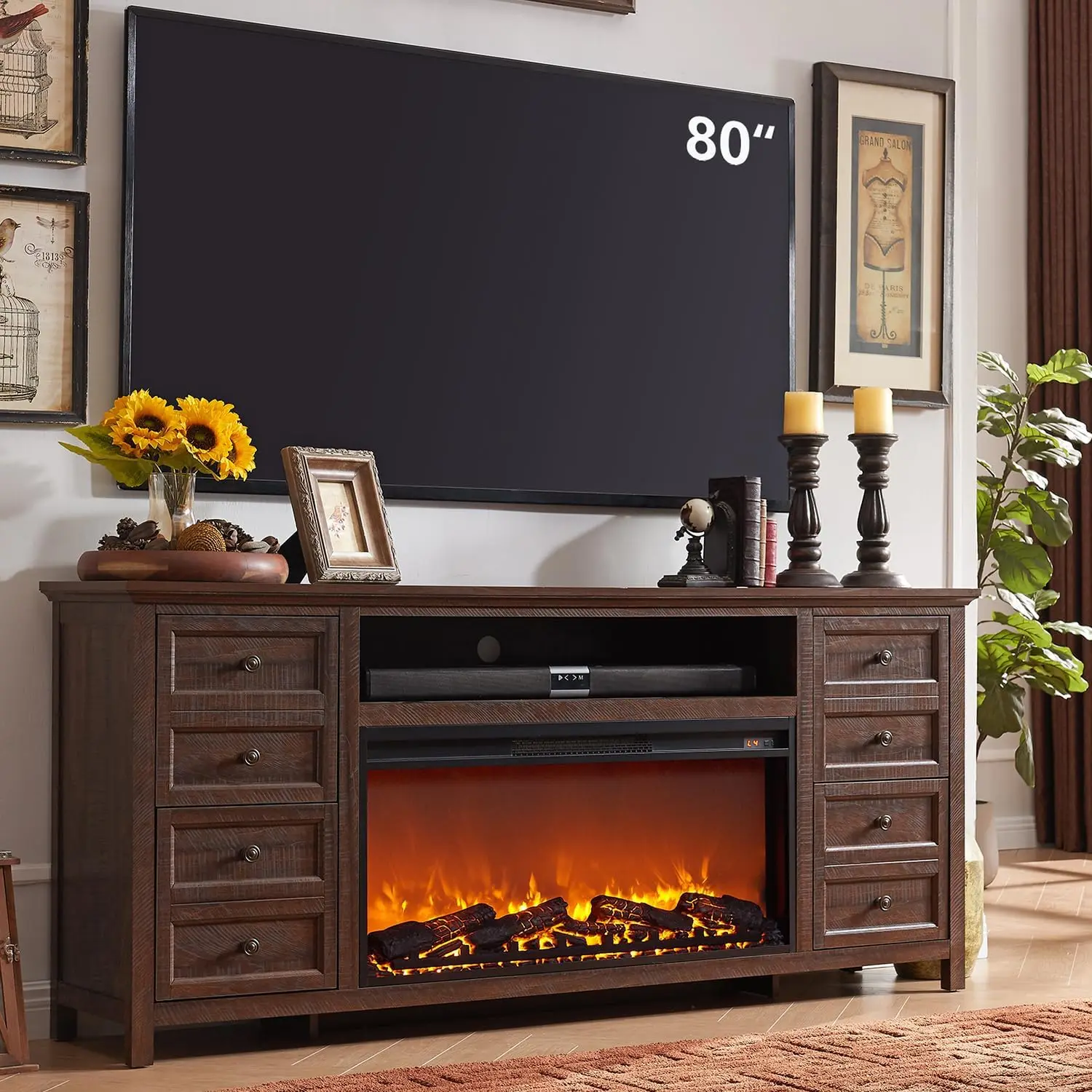 

Fireplace TV Stand for TVs up to 80 Inches, Farmhouse Entertainment Center w/36 Electric Fireplace & 4 Faux Double Drawers, 70"