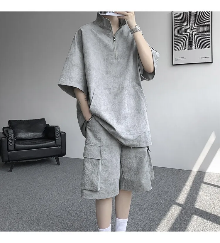 2026 Sommer Hong Kong Style Halb-Reißverschluss-Färbe-Set aus Eisseide mit Kühlfunktion, zweiteiliges Sportswear-Outfit im Hanfu-Stil mit kurzen Ärmeln – Detail 17