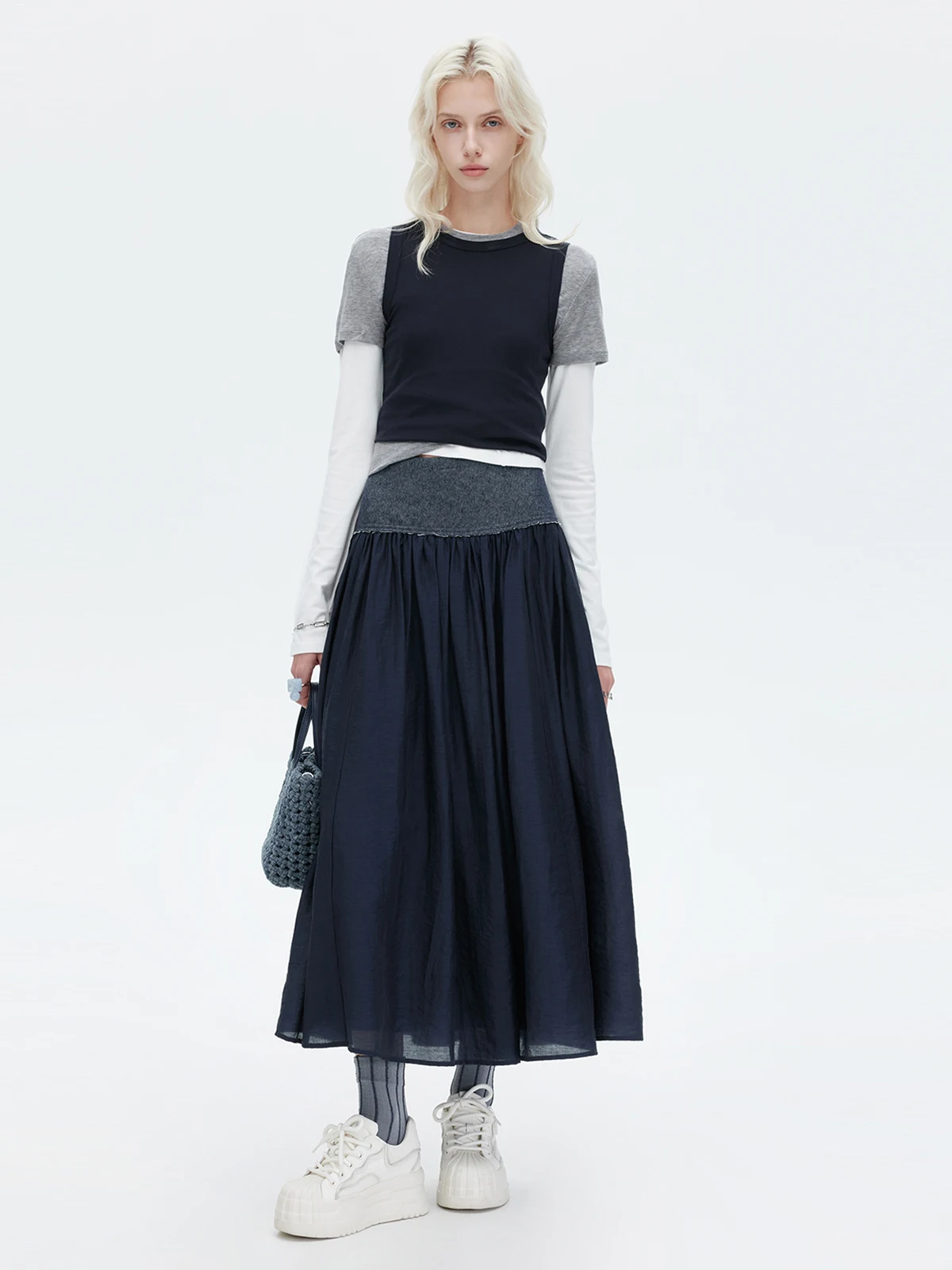 Wiosenno-jesienna nowa damska spódnica do połowy łydki, modna spódnica do pracy z wysokim stanem, ciemnoniebieska, rozkloszowana, długa.