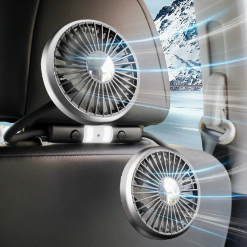 Car USB Fan Dual Head Cooling Air Fan Independent Switch 3-Speed 360 Degree Adjustable Auto Headrest Fan for Rear Seat
