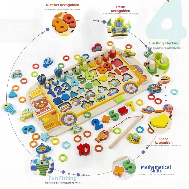 Drewniana edukacyjna tablica arytmetyczna i logarytmiczna dla dzieci, wielofunkcyjna, w kształcie autobusu szkolnego, układanka, zabawka do nauki cyfr.