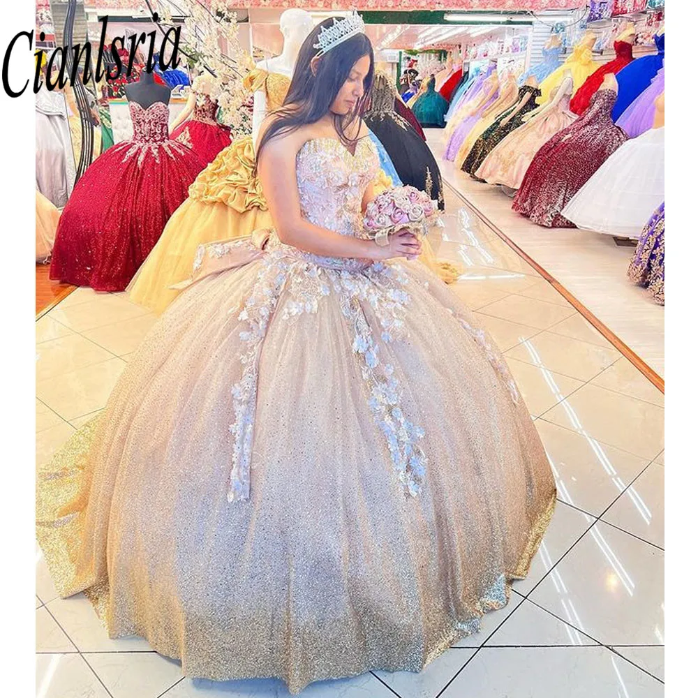 สาวเม็กซิกันแชมเปญ Quinceanera เดรสลูกไม้ Applique หวาน16ประกวด Gowns กำมะหยี่ Vestidos De XV ปี