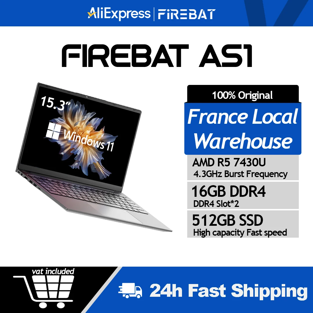 Laptop Firebat AS1 AMD Ryzen 5 7430U 16GB DDR4 512GB SSD 15,6 cala IPS Windows 11 Type-C WIFI6 Podświetlana klawiatura pełnowymiarowa Notebook