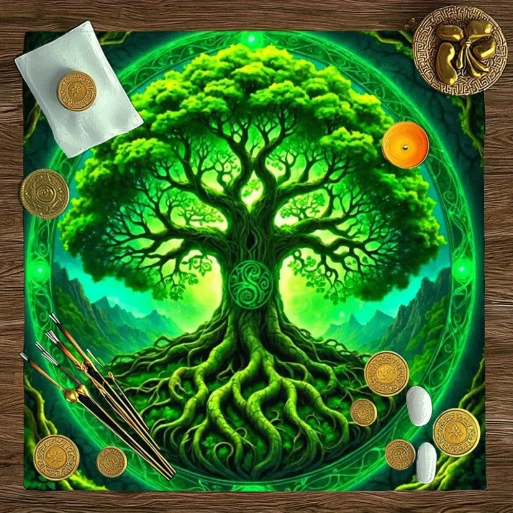 Mantel de Tarot de Varios Tamaños con Árbol de la Vida en Dorado, Brillo Místico, Tela de Altar de Poliéster, para Adivinación, Profecía, Juego de Cartas, Fiesta