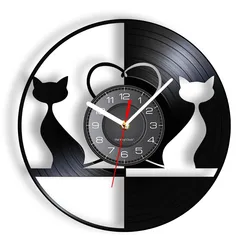 Cats Couple Modern Wall Clock Black Cats Silhouette Wall Decor Kittens Vinyl Record Wall Clock Housewarming Gift For Cat Lover