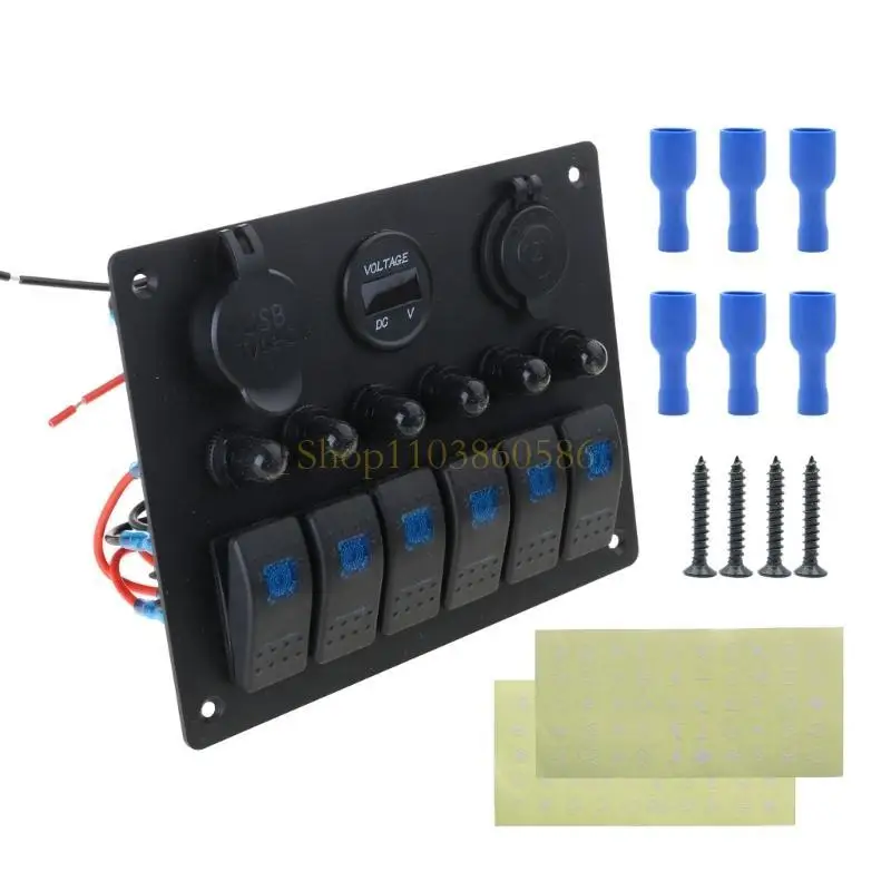 

242A 6 Gang Switches Panel with Digital Display & USB Port Waterproof 6 Buttons Switches Panel Great for Boats & Trailers