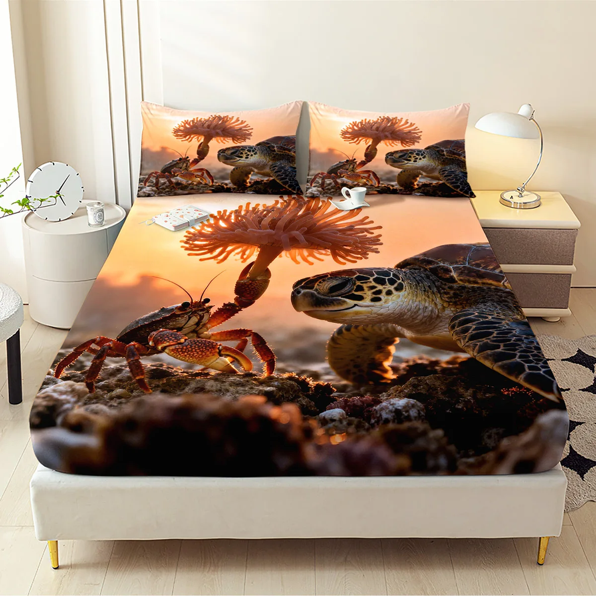 3-Piece Mattress Protector Set, 2D Flat Printed Fitted Sheet Novelty Set, Turtle and Crab Fitted Sheet Set, Three-Piece Set, All-Season Decorative Mattress Cover, Home Bedroom Decoration, Holiday-Themed Fitted Sheet and Pillowcase, Mattress Protector, Stain-Resistant, Mattress Cover Suitable for All Seasons, Machine Washable, Easy to Care For, Suitable for Home Bedroom, Essential for Dormitories and Rentals, Master Bedroom and Guest Room Decoration, Dust-Proof and Stain-Resistant, High Elasticity, Fits Various Sizes