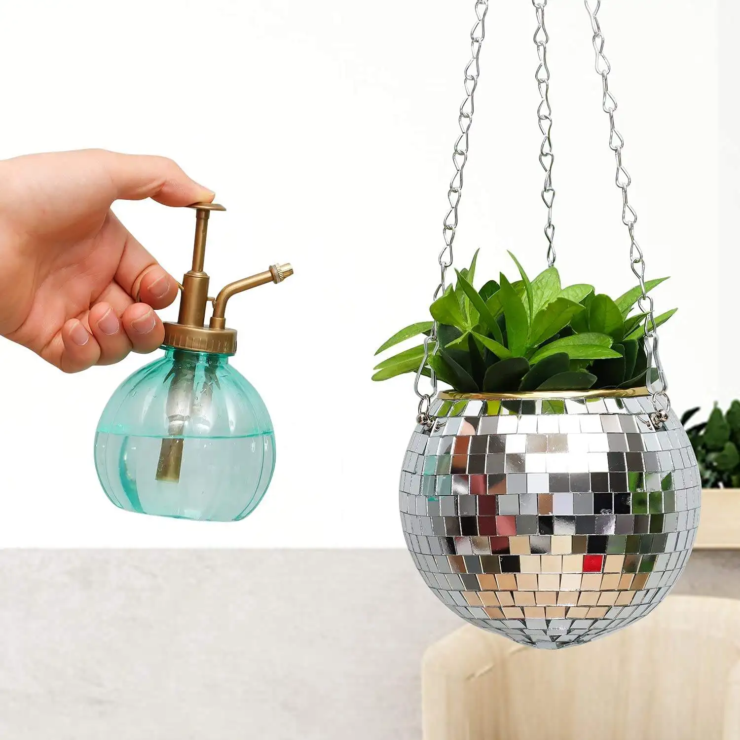 Disco-Spiegelkugel Hängender Blumentopf Sukkulenten-Pflanzgefäß für Innen- und Gartenbereich Wanddekoration Vase mit Holzring-Kette – Detail 12