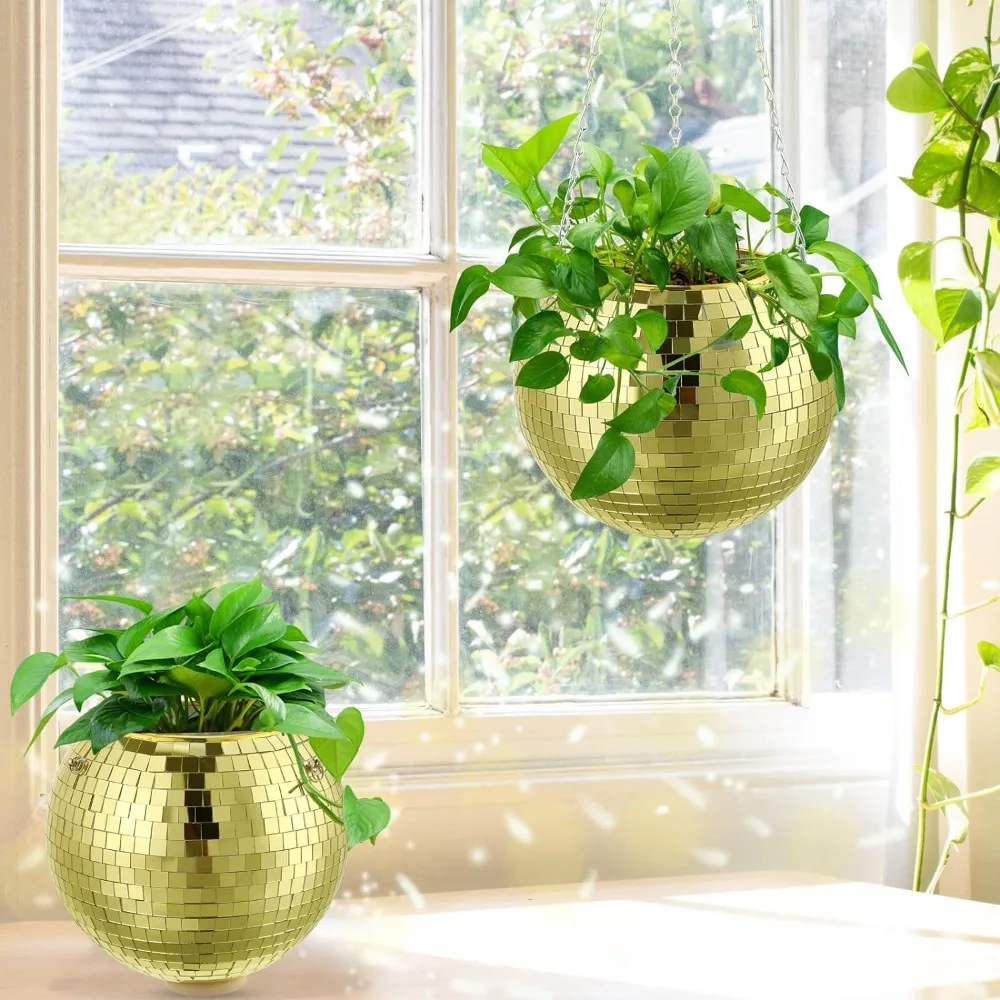 

Hanging Flower Pots with Chain and Wooden Rings for Indoor Outdoor Home Decorations (Gold)freight free