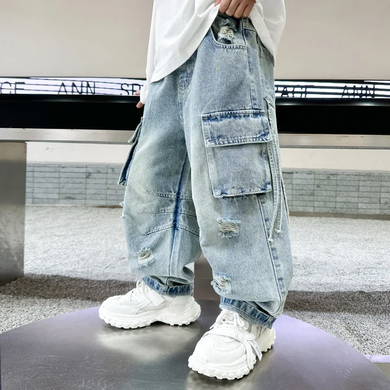 

Boy Jeans 2024 Spring Summer Four Seasons New Korean Style Trend Pocket Fashion Large Children Jeans Overalls Boys Casual Pants