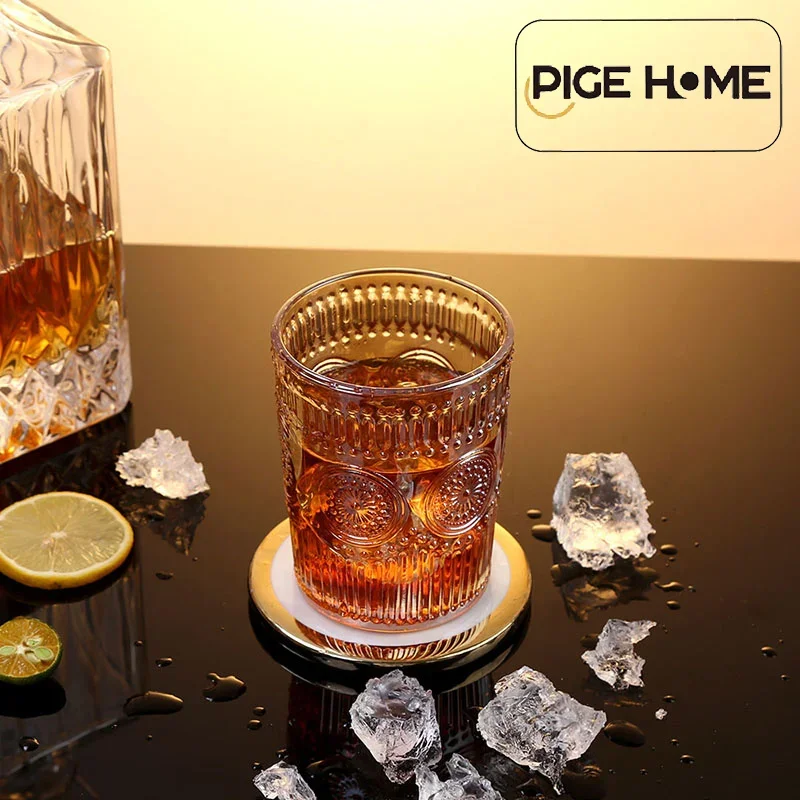 

PIGE HOME 300ml Sunflower Seed Pattern Embossed Wine Glass Heat-resistant Glass Breakfast Juice Glass Whiskey Cold Drink Cup