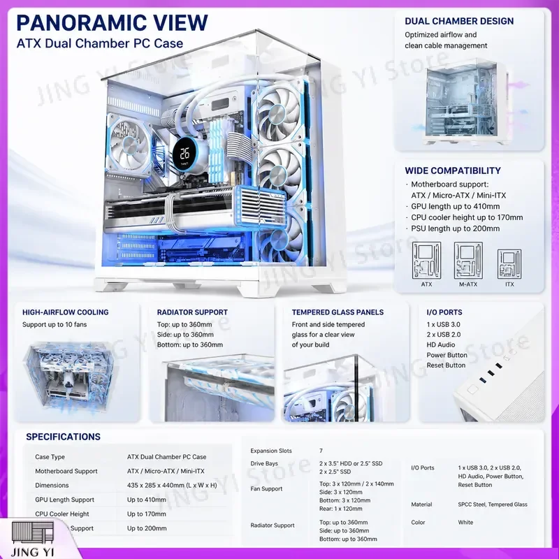 Gaming PC Case ATX Mid Tower Computer Chassis with Tempered Glass Side Panel RGB Fans High Airflow Desktop Gaming Case Black