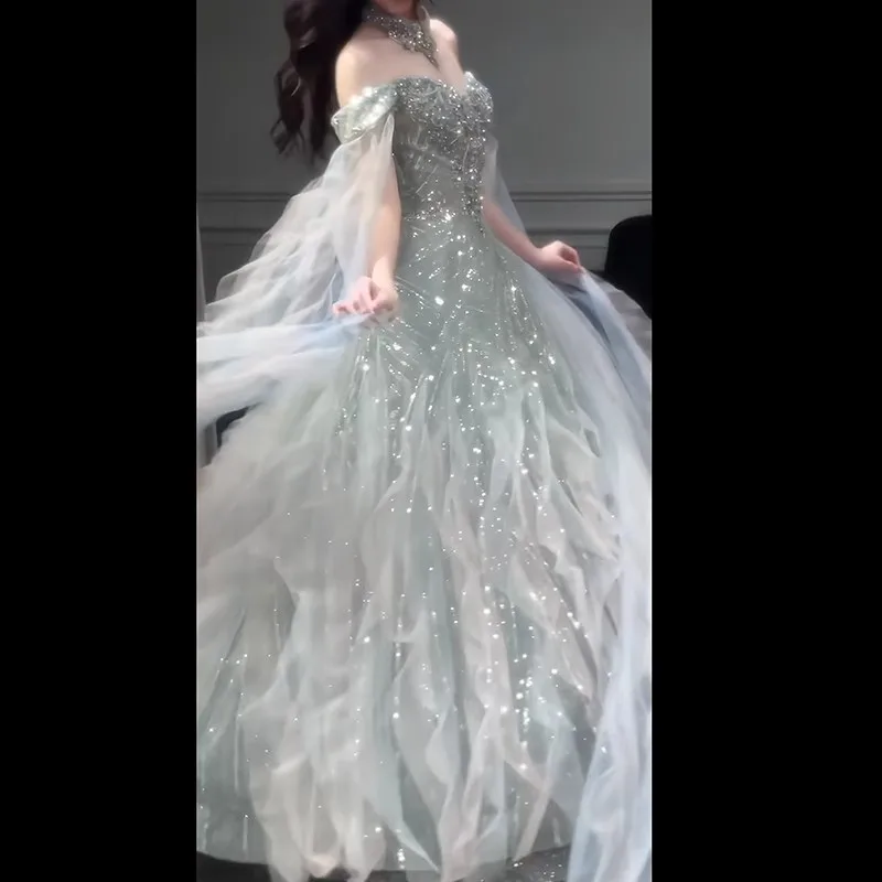 Nuovo abito da sera senza spalline con spalle scoperte azzurro di lusso di fascia alta per cerimonia di laurea, compleanno, ballo di fine anno per adulti