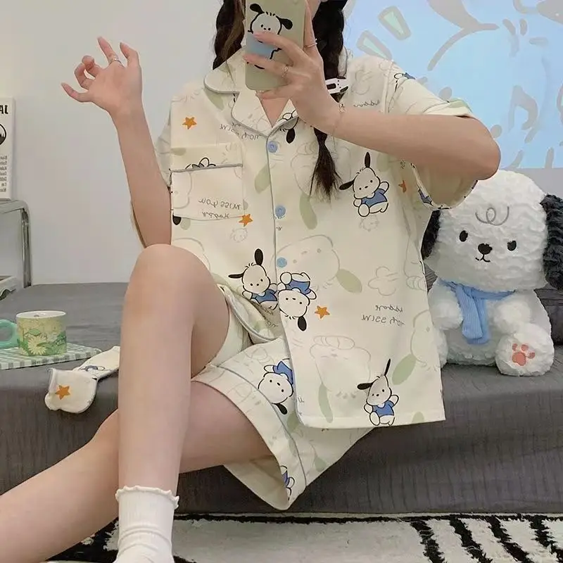 

Sanrio Pochacco Cute Pajamas Woman Summer Pijama Shorts Short Sleeve Sleepwear Kawaii Cartoon Night Wear Casual Home Suit New