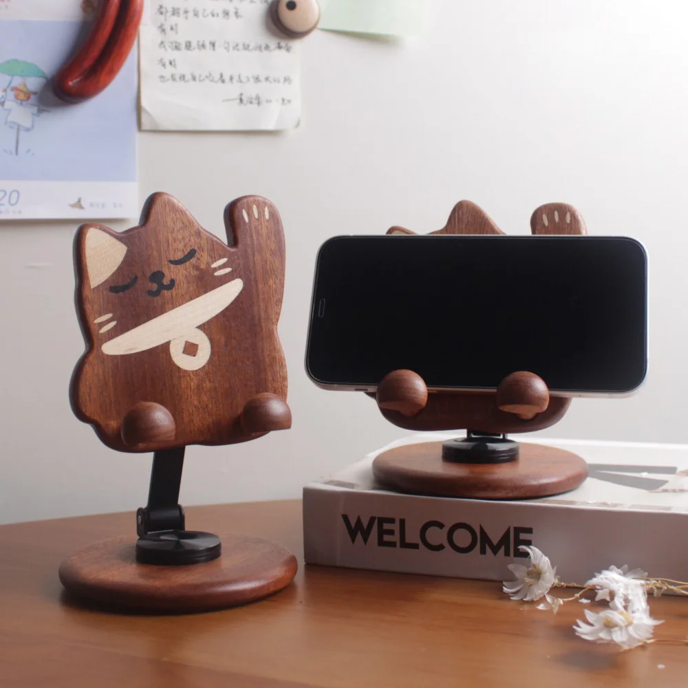Wooden Cat Phone Stand Handmade Adjustable Phone Holder with Cute Cat Design for Desk Decoration