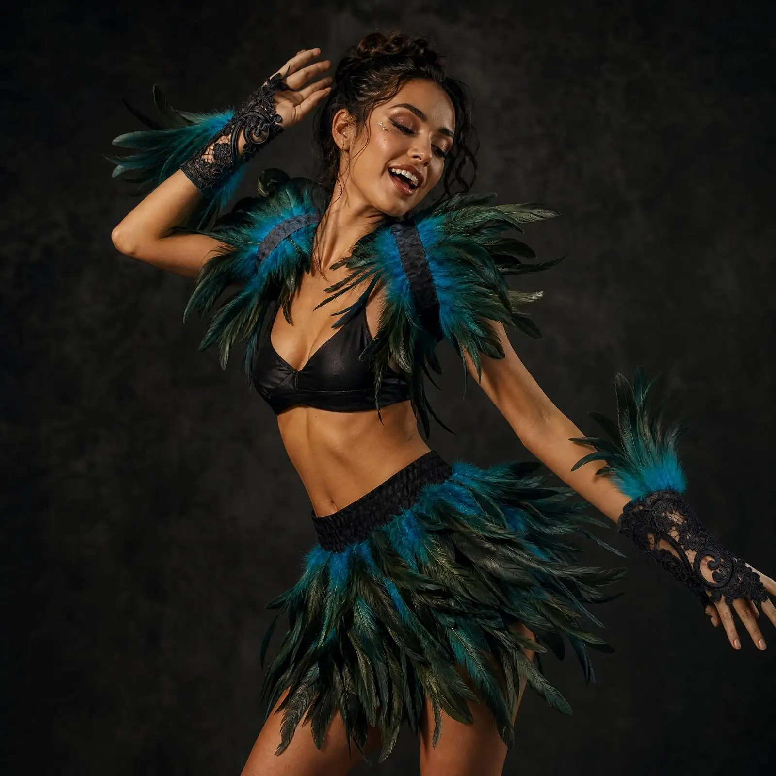 Women Adult Costume Cape with Feather Trim and Fingerless Gloves for Dance Performance