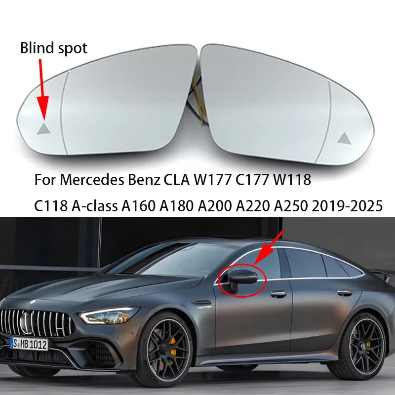 For Mercedes-Benz CLA W177 C177 W118 C118 A-Class A160 A180 A200 A220 A250 2019‑2025 Blind Spot Heated Rearview Side Mirror Glas