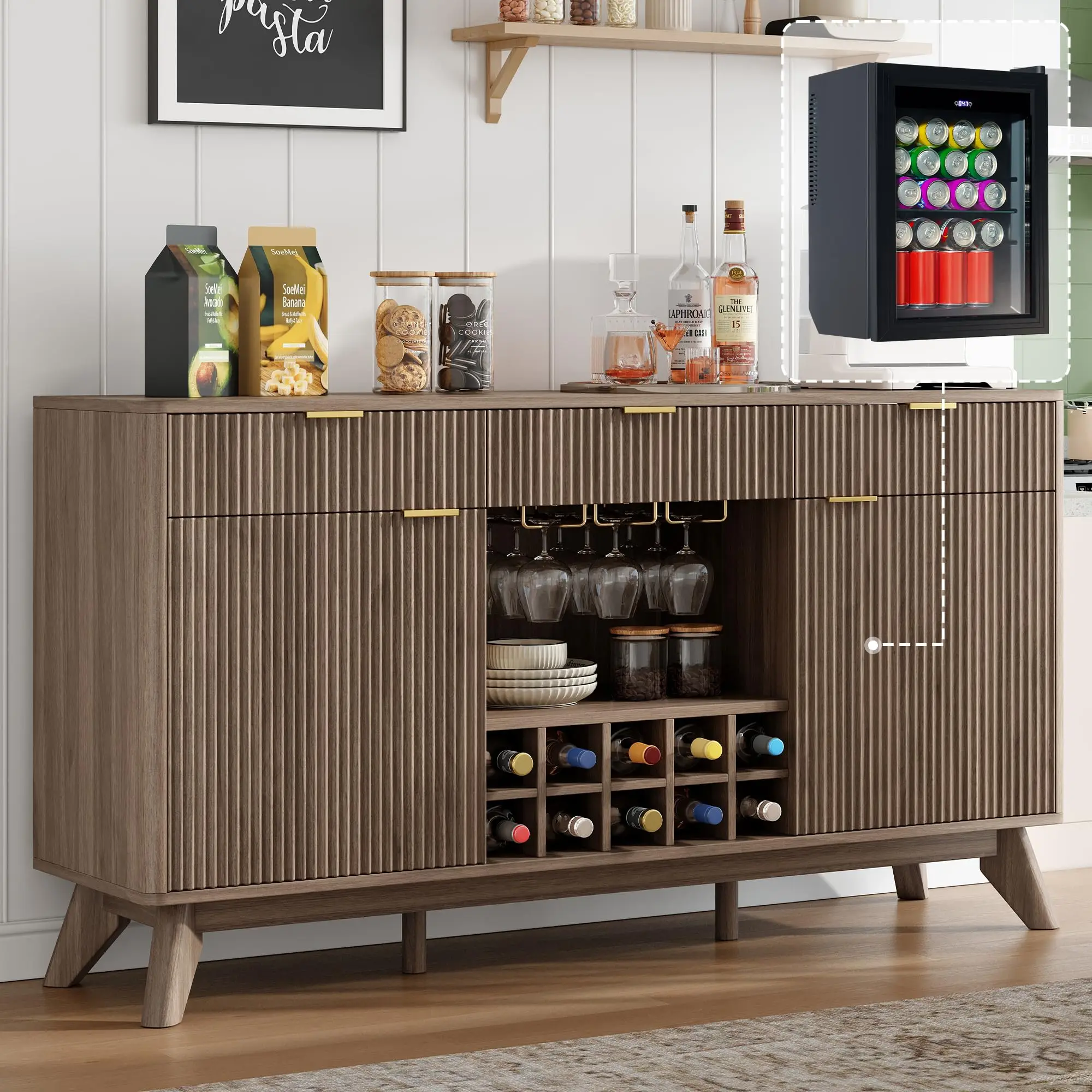60" Wine Bar Cabinet, Coffee Bar Cabinet with Fridge, Sideboard Cabinet | Waveform Fluted Door, Adjustable Shelves, 3