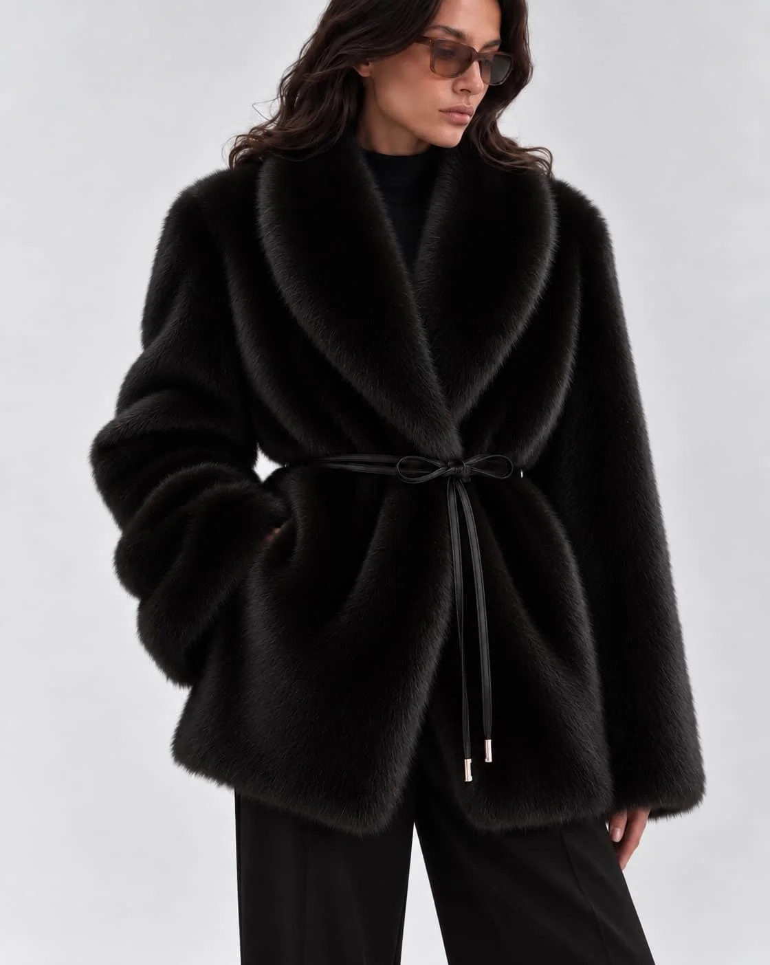 Laur 2026 Women Black Faux Fur Coat, Shawl Lapel Collar With Tie Belt, Winter Warm Elegant Loose Outerwear for Ladies