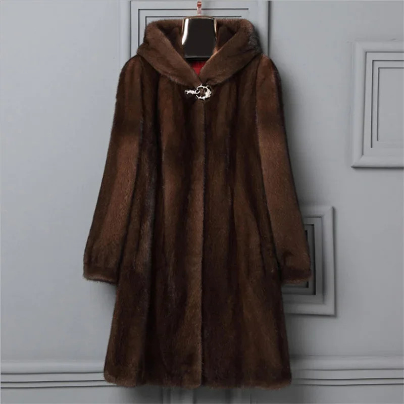 Customized fashion imitation mink coat long hooded mink fur collar slim thin women fur large size women's coat