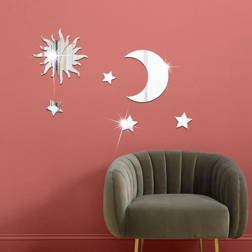 6PCS NEW Gold Silver Gold Mirror Wall Stickers DIY Acrylic Decorative Decal Removed Self Adhesive Star Moon Decals Bedroom