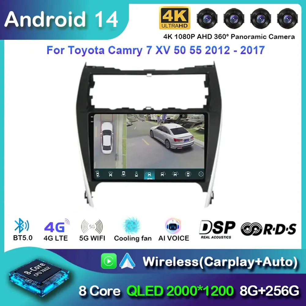 Android 14 Car Radio Android Auto For Toyota Camry 7 XV 50 55 US Version 2012-2017 Carplay Multimedia Player Stereo 48EQ GPS DSP