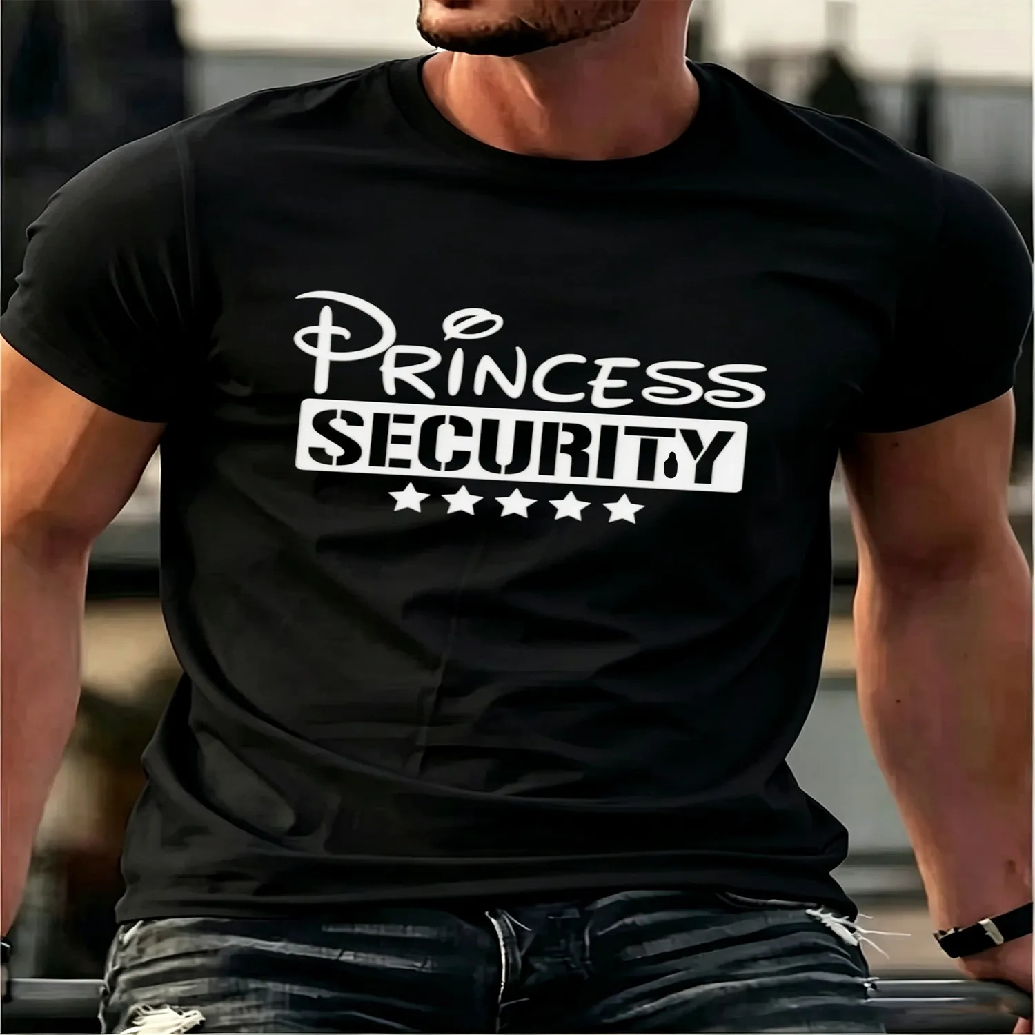 1pc Men's Black Short Sleeve T-Shirt, Princess Security Letter and Star Print Comfortable Regular Fit, Soft Breathable Fabric Great for Trips and Daily Wear Unisex tshirt, Graphic tshirt
